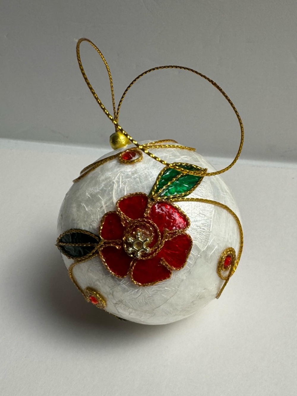 Handmade Capiz Shell Ornament Floral Filipino Christmas Decor Red & GreenVintage